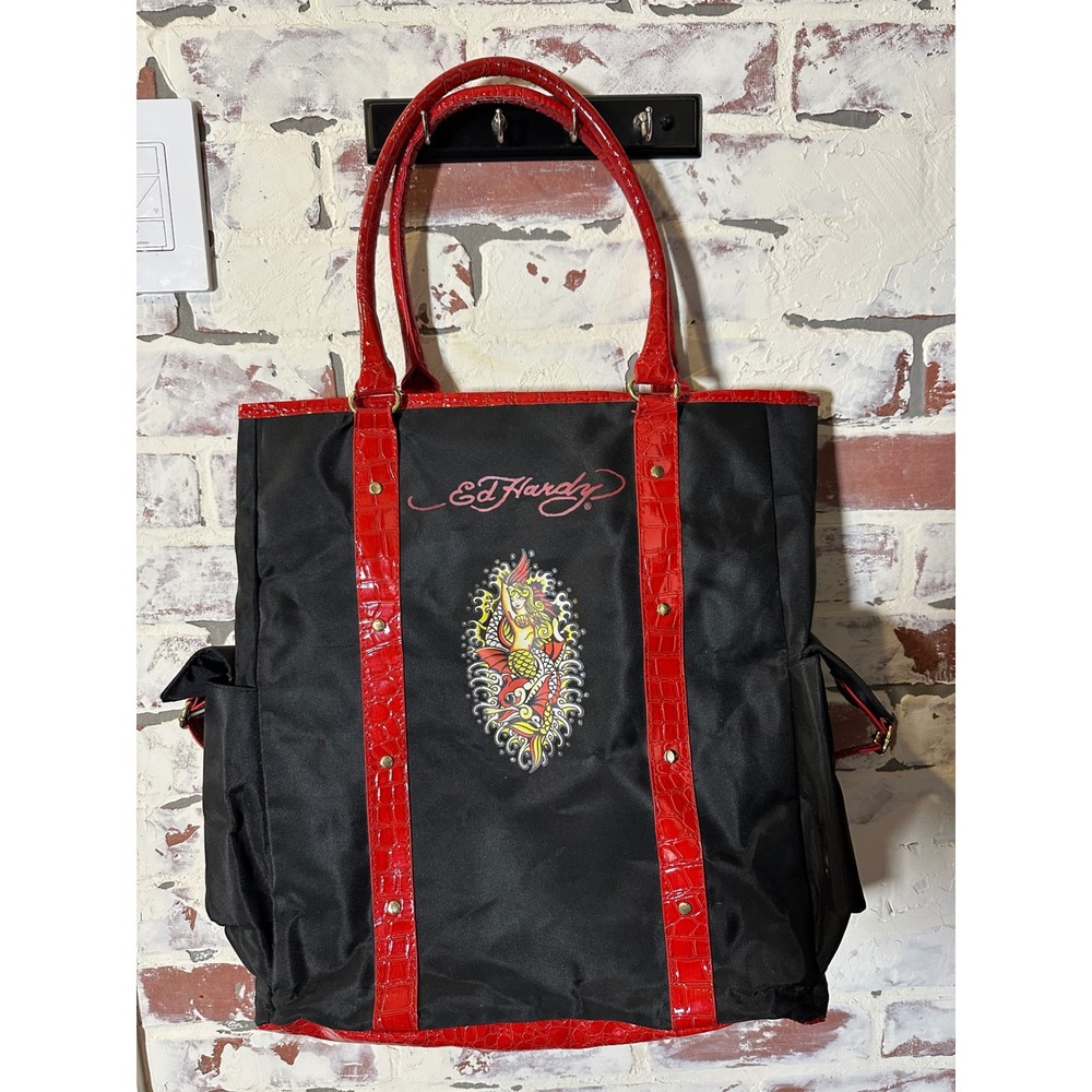 Ed Hardy Mermaid Tattoo Tote Bag Black Red Faux Croc Trim Y2K Streetwear